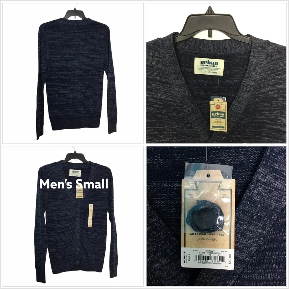 Men’s Urban Pipeline S Small 34 - 36 Cardigan Sweater Navy Blue Long Sleeve NWT - Picture 1 of 8